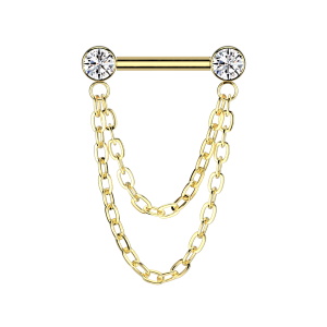 Piercing haltère avec deux chaînes en titane doré de qualité implantaire serti de deux oxydes de zirconium blancs. 