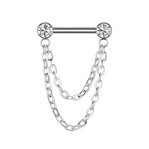 Piercing haltère avec deux chaînes en titane argenté de qualité implantaire serti de deux oxydes de zirconium blancs. 