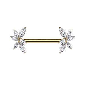 Piercing haltère pour téton/mamelon en acier chirurgical 316L doré et deux marquises serties d'oxydes de zirconium blancs.