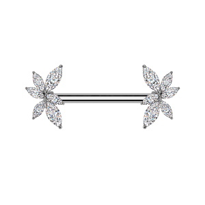 Piercing haltère pour téton/mamelon en acier chirurgical 316L argenté et deux marquises serties d'oxydes de zirconium blancs.