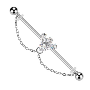 Piercing haltère avec une chaîne en acier chirurgical 316L argenté et une abeille sertie d'oxydes de zirconium blancs.