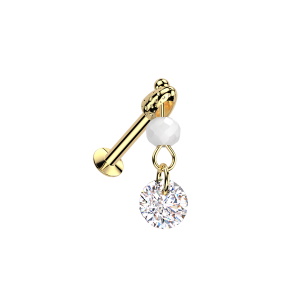 Piercing en acier chirurgical 316L doré avec des pendants composés d'une perle blanche et d'un oxyde de zirconium blanc.