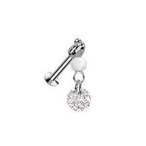 Piercing en acier chirurgical 316L argenté avec des pendants composés d'une perle blanche et d'un oxyde de zirconium blanc.