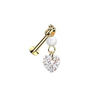 Piercing en acier chirurgical 316L doré avec des pendants composés d'une perle blanche et d'un oxyde de zirconium blanc en forme de cœur.