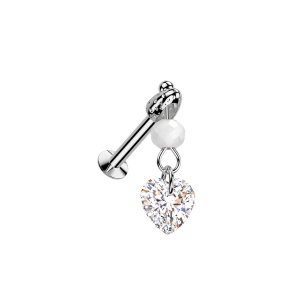 Piercing en acier chirurgical 316L argenté avec des pendants composés d'une perle blanche et d'un oxyde de zirconium blanc en forme de cœur.