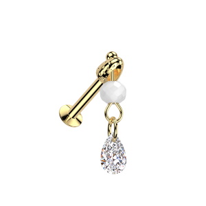 Piercing en acier chirurgical 316L doré avec des pendants composés d'une perle blanche et d'un oxyde de zirconium blanc en forme de goutte.