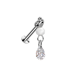 Piercing en acier chirurgical 316L argenté avec des pendants composés d'une perle blanche et d'un oxyde de zirconium blanc en forme de goutte.