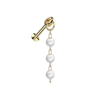 Piercing en acier chirurgical 316L doré avec des pendants composés de trois perles d'imitation.