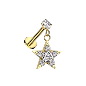 Piercing en acier doré chirurgical 316L serti griffes d'un oxyde de zirconium blanc avec un pendant en forme d'étoile sertie d'oxydes de zirconium blancs. 