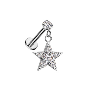 Piercing en acier argenté chirurgical 316L serti griffes d'un oxyde de zirconium blanc avec un pendant en forme d'étoile sertie d'oxydes de zirconium blancs. 