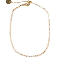 Bracelet chaîne de cheville composé d'une chaîne en acier doré sertie de perles d'imitation. Fermoir mousqueton avec anneau réglable.