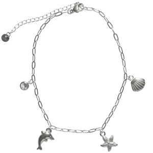 Bracelet de cheville composé d'une chaîne avec pendants en forme d'étoile de mer, dauphin et coquillage en acier argenté et d'un strass serti clos. Fermoir mousqueton avec 5 cm de rallonge.