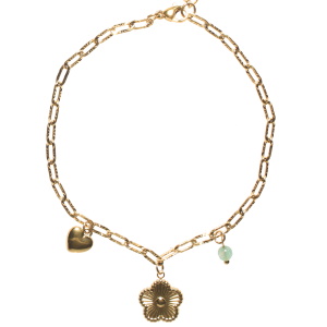 Bracelet de cheville composé d'une chaîne avec pendants en forme de fleur et de cœur en acier doré et d'une perle. Fermoir mousqueton avec 5 cm de rallonge.