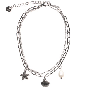 Bracelet de cheville double rangs composé d'une chaîne en acier argenté et d'une chaîne avec pendants étoile de mer et coquillage en acier argenté et d'une perle d'imitation. Fermoir mousqueton avec 5 cm de rallonge.