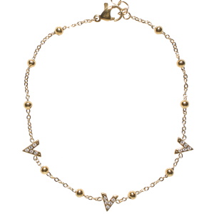 Bracelet chaîne de cheville composé d'une chaîne avec boules en acier doré et de deux V sertis de strass. Fermoir mousqueton avec 5 cm de rallonge.