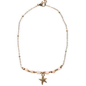 Bracelet chaîne de cheville composé d'une chaîne avec un pendant en forme d'étoile de mer en acier doré et de perles roses. Fermoir mousqueton avec 5 cm de rallonge.