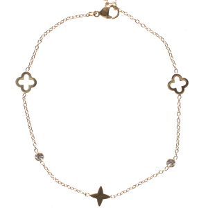 Bracelet de cheville composé d'une chaîne avec deux trèfles à quatre feuilles et d'une étoile en acier doré et de deux strass sertis clos. Fermoir mousqueton avec 4 cm de rallonge.