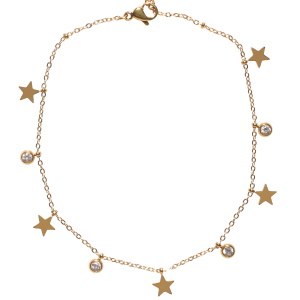 Bracelet chaîne de cheville composé d'une chaîne avec pampilles en forme d'étoiles en acier doré et de pampilles serties de strass. Fermoir mousqueton avec 5 cm de rallonge.