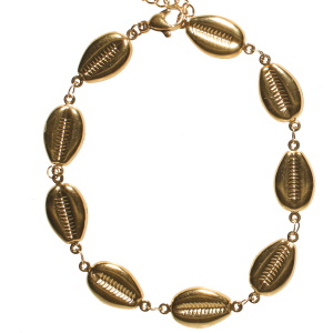 Bracelet chaîne de cheville composé d'une chaîne et de coquillages cauris en acier doré. Fermoir mousqueton avec 5 cm de rallonge.