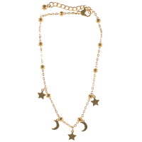 Bracelet chaîne de cheville avec pampilles étoiles et croissants de lune en acier doré. Fermoir mousqueton avec 3 cm de rallonge.