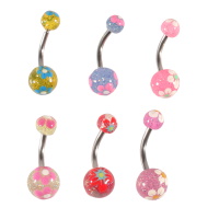 Piercing pour nombril en acier chirurgical 316L argenté avec boules en acrylique de couleur avec motif fleur. 6 coloris différents. Votre préférence en commentaire. Vendu à l'unité.