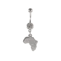 Piercing pour nombril en acier chirurgical 316L argenté serti d'un cristal avec pendant en forme de carte de l'Afrique.