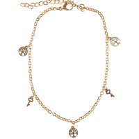 Bracelet chaîne de cheville composé d'une chaîne avec pampilles en forme d'arbre de vie et de clé en acier doré. Fermoir mousqueton avec 5 cm de rallonge.