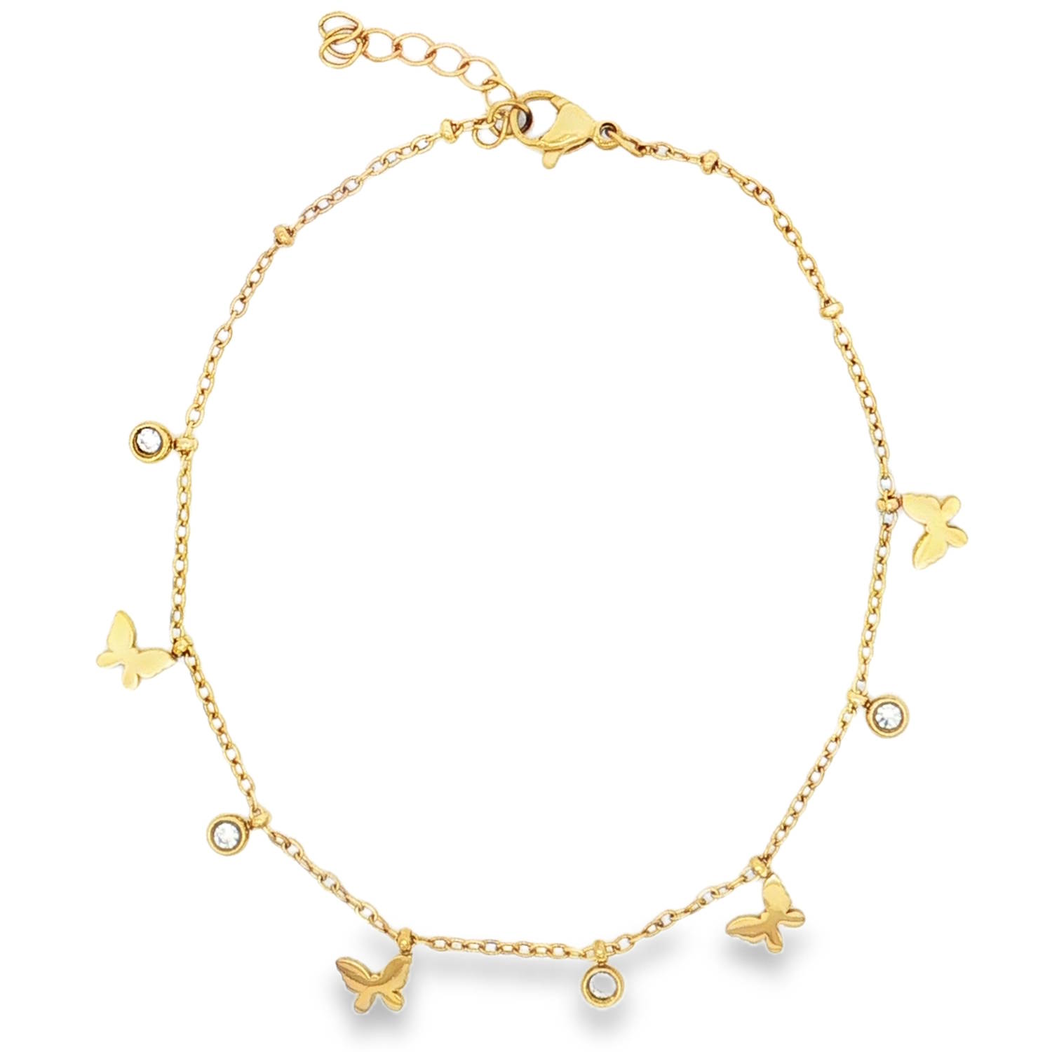Succombez au charme poétique de cette magnifique chaîne de cheville en acier inoxydable doré. À la fois délicat et tendance, ce bijou habillera élégamment votre cheville pour la saison estivale.<br/>La fine maille forçat est sublimée par une alternance de charms suspendus qui apportent du mouvement et de l'éclat.<br/>Quatre breloques en forme de papillons aux finitions lisses et épurées, symboles de légèreté et de féminité.<br/>Quatre cristaux scintillants sertis clos, parfaits pour capter la lumière à chacun de vos pas.<br/>Dotée d'un fermoir mousqueton sécurisé et d'une chaînette d'extension, elle s'adapte idéalement à toutes les morphologies de chevilles. Cheville Papillon Rond Strass Adolescent Adulte Animaux Eté Femme Fille Indémodable Printemps Succombez au charme poétique de cette magnifique chaîne de cheville en acier inoxydable doré. À la fois délicat et tendance, ce bijou habillera élégamment votre cheville pour la saison estivale.<br/>La fine maille forçat est sublimée par une alternance de charms suspendus qui apportent du mouvement et de l'éclat.<br/>Quatre breloques en forme de papillons aux finitions lisses et épurées, symboles de légèreté et de féminité.<br/>Quatre cristaux scintillants sertis clos, parfaits pour capter la lumière à chacun de vos pas.<br/>Dotée d'un fermoir mousqueton sécurisé et d'une chaînette d'extension, elle s'adapte idéalement à toutes les morphologies de chevilles. Cheville Papillon Rond Strass Adolescent Adulte Animaux Eté Femme Fille Indémodable Printemps