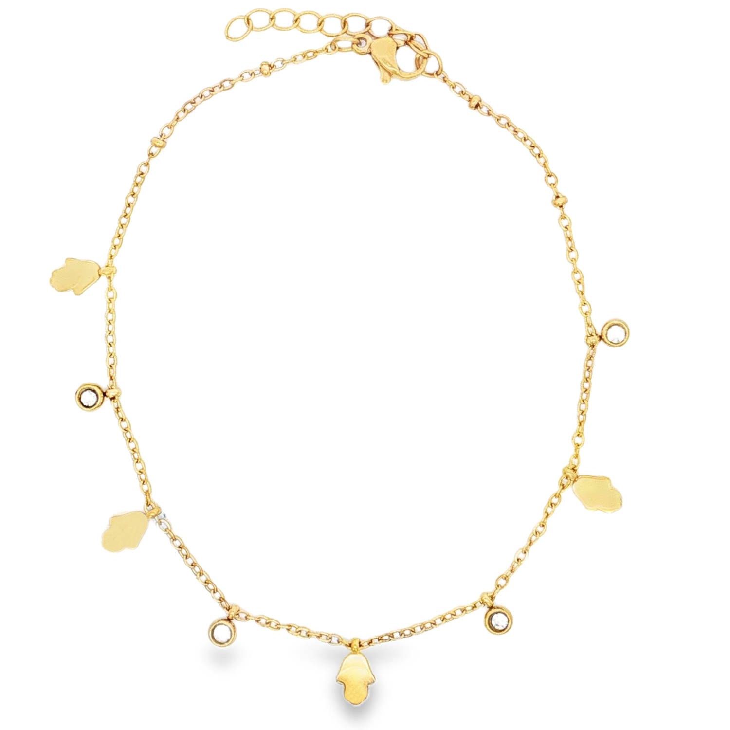 Sublimez vos chevilles avec cette magnifique chaîne de cheville en acier inoxydable doré, un bijou à la fois tendance et intemporel qui apportera une touche d'éclat à toutes vos tenues d'été.<br/>Conçue avec une maille forçat fine et délicate, elle est agrémentée d'une alternance de pampilles pleines en forme de mains de Fatma (Hamsa), symboles de protection et de chance, et de petits cristaux ronds sertis clos, apportant une brillance subtile à chacun de vos pas.<br/>Grâce à sa conception en acier de haute qualité, ce bijou résiste à l'eau et au quotidien sans perdre sa couleur dorée éclatante.<br/>Dotée d'un fermoir mousqueton sécurisé et d'une chaînette d'extension, elle s'adapte idéalement à toutes les morphologies de chevilles. Cheville Fatma Main Rond Adulte Eté Femme Fille Indémodable Sublimez vos chevilles avec cette magnifique chaîne de cheville en acier inoxydable doré, un bijou à la fois tendance et intemporel qui apportera une touche d'éclat à toutes vos tenues d'été.<br/>Conçue avec une maille forçat fine et délicate, elle est agrémentée d'une alternance de pampilles pleines en forme de mains de Fatma (Hamsa), symboles de protection et de chance, et de petits cristaux ronds sertis clos, apportant une brillance subtile à chacun de vos pas.<br/>Grâce à sa conception en acier de haute qualité, ce bijou résiste à l'eau et au quotidien sans perdre sa couleur dorée éclatante.<br/>Dotée d'un fermoir mousqueton sécurisé et d'une chaînette d'extension, elle s'adapte idéalement à toutes les morphologies de chevilles. Cheville Fatma Main Rond Adulte Eté Femme Fille Indémodable
