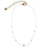Bracelet chaîne de cheville avec étoile en acier doré surmonté de perles de couleur. Fermoir mousqueton avec 5 cm de rallonge.