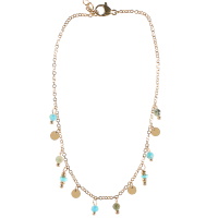Bracelet chaîne de cheville composé d'une chaîne avec pampilles rondes en acier doré et de pampilles en perles de couleur turquoise. Fermoir mousqueton avec 5 cm de rallonge.