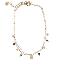 Bracelet chaîne de cheville double rangs composé d'une chaîne en acier doré et d'une chaîne avec pampilles en forme de fleur en acier doré et de pampilles en perles de couleur noire. Fermoir mousqueton avec 5 cm de rallonge.