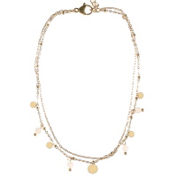 Bracelet chaîne de cheville double rangs composé d'une chaîne en acier doré et d'une chaîne avec pampilles en forme de fleur en acier doré et de pampilles en perles de couleur blanche. Fermoir mousqueton avec 5 cm de rallonge.