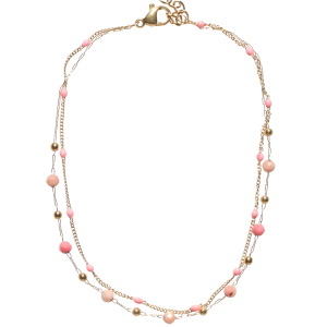 Bracelet chaîne de cheville double rangs composé d'une chaîne en acier doré et de perles en émail de couleur rose, ainsi qu'une chaîne avec des perles en acier doré et des perles roses. Fermoir mousqueton avec 5 cm de rallonge.