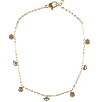 Bracelet chaîne de cheville composé d'une chaîne avec pampilles en forme d'œil de Turquie en acier doré et de pampilles rondes serties clos d'un strass. Fermoir mousqueton avec 5 cm de rallonge.