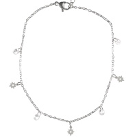 Bracelet chaîne de cheville composé d'une chaîne avec pampilles en forme d'étoile en acier argenté et de pampilles cristaux. Fermoir mousqueton avec 5 cm de rallonge.