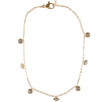 Bracelet chaîne de cheville composé d'une chaîne avec pampilles en forme d'œil de Turquie en acier doré et de pampilles serties de cristaux. Fermoir mousqueton avec 5 cm de rallonge.