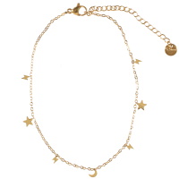 Bracelet chaîne de cheville composé d'une chaîne avec pampilles en forme d'étoile, éclair et croissant de lune en acier doré. Fermoir mousqueton avec 5 cm de rallonge.