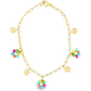 Cette chaîne de cheville en acier inoxydable doré associe la finesse d’une maille moderne à la fraîcheur de détails colorés et estivaux. Inspirée de l'esprit bohème et des tendances beaded jewelry, elle habillera délicatement votre cheville avec une touche de pep's. La cheville est rythmée par trois petites fleurs aux couleurs vibrantes (rose fuchsia, bleu turquoise, jaune soleil, vert et orange) apportant une note rétro, ludique et résolument estivale. Dotée d'un fermoir mousqueton sécurisé et d'une chaînette d'extension, elle s'adapte idéalement à toutes les morphologies de chevilles.