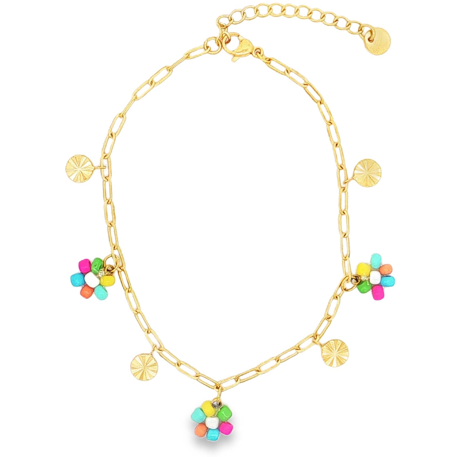 Cette chaîne de cheville en acier inoxydable doré associe la finesse d’une maille moderne à la fraîcheur de détails colorés et estivaux. Inspirée de l'esprit bohème et des tendances beaded jewelry, elle habillera délicatement votre cheville avec une touche de pep's.<br/>La cheville est rythmée par trois petites fleurs aux couleurs vibrantes (rose fuchsia, bleu turquoise, jaune soleil, vert et orange) apportant une note rétro, ludique et résolument estivale.<br/>Dotée d'un fermoir mousqueton sécurisé et d'une chaînette d'extension, elle s'adapte idéalement à toutes les morphologies de chevilles. Perle Rond Adulte Eté Femme Fille Fleurs Indémodable Nature Printemps Cette chaîne de cheville en acier inoxydable doré associe la finesse d’une maille moderne à la fraîcheur de détails colorés et estivaux. Inspirée de l'esprit bohème et des tendances beaded jewelry, elle habillera délicatement votre cheville avec une touche de pep's.<br/>La cheville est rythmée par trois petites fleurs aux couleurs vibrantes (rose fuchsia, bleu turquoise, jaune soleil, vert et orange) apportant une note rétro, ludique et résolument estivale.<br/>Dotée d'un fermoir mousqueton sécurisé et d'une chaînette d'extension, elle s'adapte idéalement à toutes les morphologies de chevilles. Perle Rond Adulte Eté Femme Fille Fleurs Indémodable Nature Printemps
