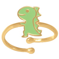 Bague pour enfant en plaqué or jaune 18 carats avec motif de dinosaure en émail de couleur verte. Taille ajustable.