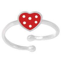 Bague pour enfant en argent 925/000 rhodié avec motif de cœur à pois en émail de couleur rouge. Taille ajustable.
