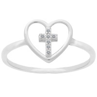 Bague en forme de cœur en argent 925/000 rhodié et d'une croix pavée d'oxydes de zirconium blancs.