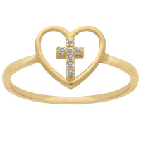 Bague en forme de cœur en plaqué or jaune 18 carats et d'une croix pavée d'oxydes de zirconium blancs.