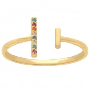 Bague ouverte finissant par une barre en plaqué or jaune 18 carats et une barre pavée d'oxydes de zirconium multicolores.
