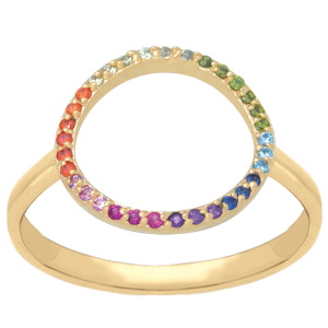 Bague en plaqué or jaune 18 carats surmontée d'un cercle serti d'oxydes de zirconium multicolores arc en ciel.