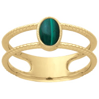 Bague double rangs en plaqué or jaune 18 carats surmontée d'une véritable pierre de malachite sertie clos de forme ovale.