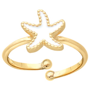 Bague pour enfant surmontée d'une étoile de mer en plaqué or jaune 18 carats pavée d'émail blanc. Taille 43 ajustable.