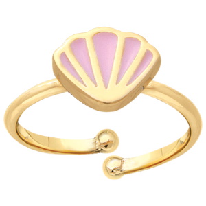 Bague pour enfant surmontée d'un coquillage en plaqué or jaune 18 carats pavée d'émail rose. Taille 43 ajustable.