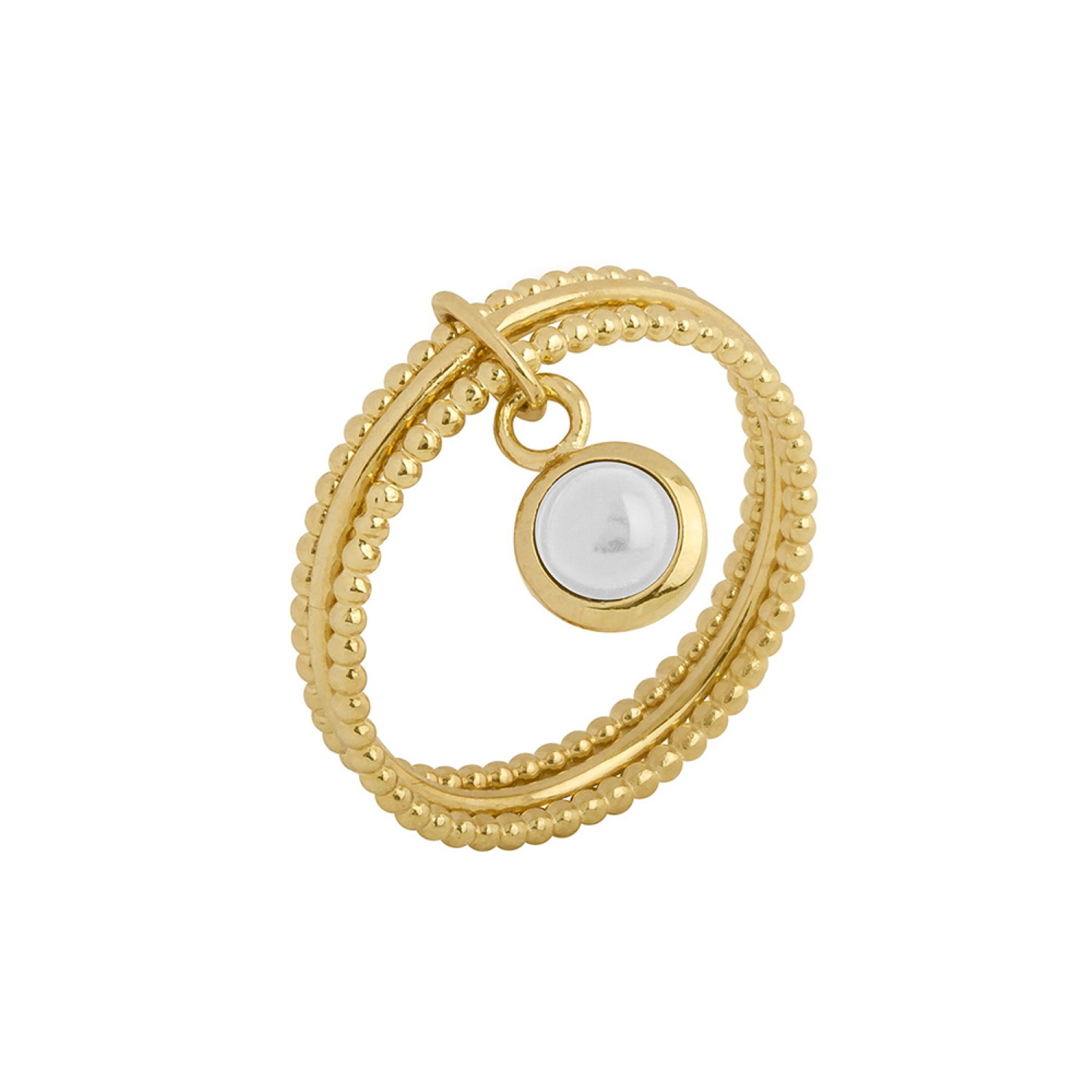 Bague composée de trois anneaux en plaqué or jaune 18 carats et d'un pendant en nacre serti clos. Rond  Adolescent Adulte Femme Fille Indémodable 